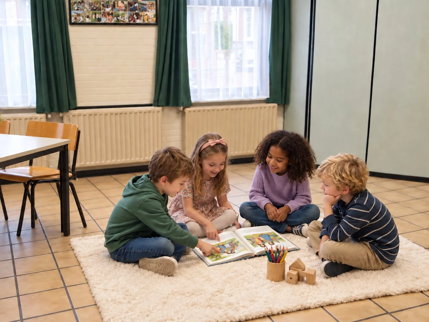 Vier kinderen lezen samen in een prentenbijbel op een kleed in de benedenzaal van De Ark